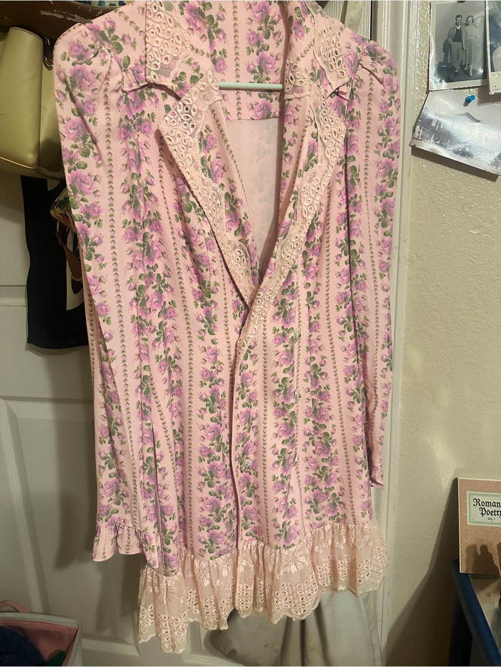 LoveShackFancy Pink Floral Long-Sleeve Blazer Dress with Lace Trim
